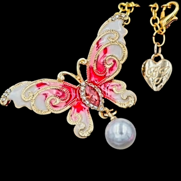 Gold plated pink and white crystal pearl butterfly necklace/brooch - Picture 6 of 12